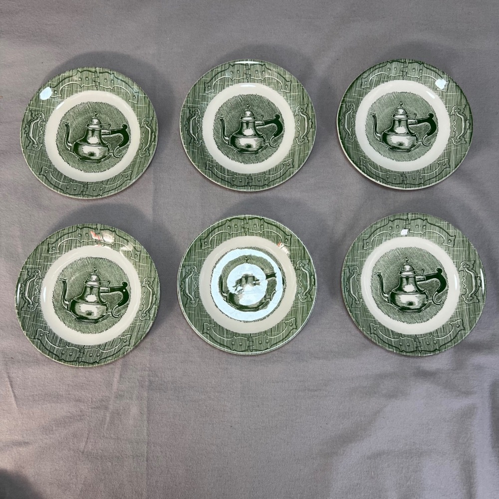 The Old Curiosity Shop by Royal China Green Teapot‎ Scene 6.25" Plates Set of 6